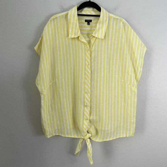 Talbots Woman Plus 2X 100% Linen Tie Hem Button Front Top Yellow Seashore Stripe - Picture 8 of 12